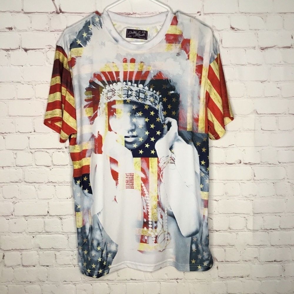 Double Needle‎ White USA Flag Indians Logo Short Sleeve T-Shirt Men Large China